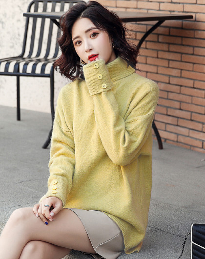 韩版秋冬款宽松百搭气质高领袖口翻边女式毛衣
