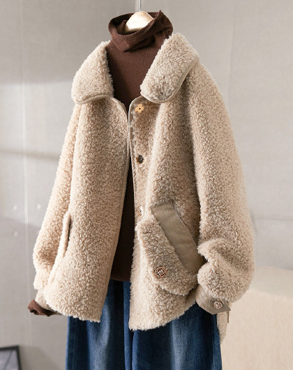 2020冬装新款韩版休闲简约气质颗粒绒皮毛一体拼接廓形外套女