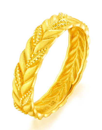 六福珠宝足金戒指平安麦穗编织款黄金戒指女戒计价