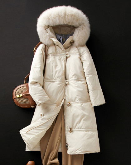 【白鸭绒】雪花刺绣连帽羊角扣长款加绒保暖大衣女羽绒服外套女