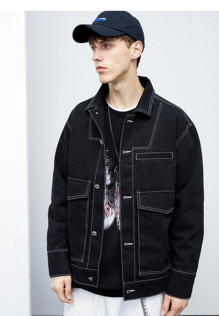 牛仔外套男复古风明线黑色夹克日系穿搭时尚潮流上衣男士外套
