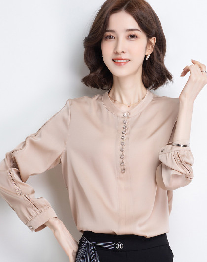 2022春新品100%桑蚕丝印花翻领长袖开衫女式衬衫