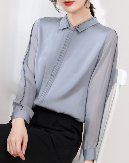 【领子可拆卸】2022春季新款纯色翻领百搭长袖真丝桑蚕丝女式衬衫