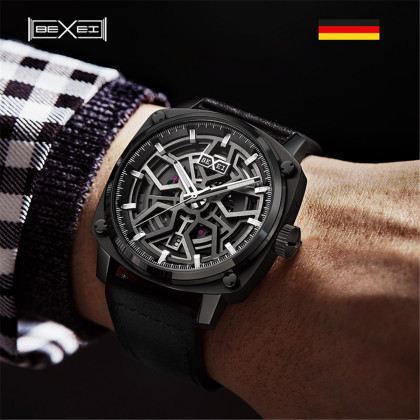bexei彼赛手表男镂空全自动机械表运动皮带男表黑色男士手表