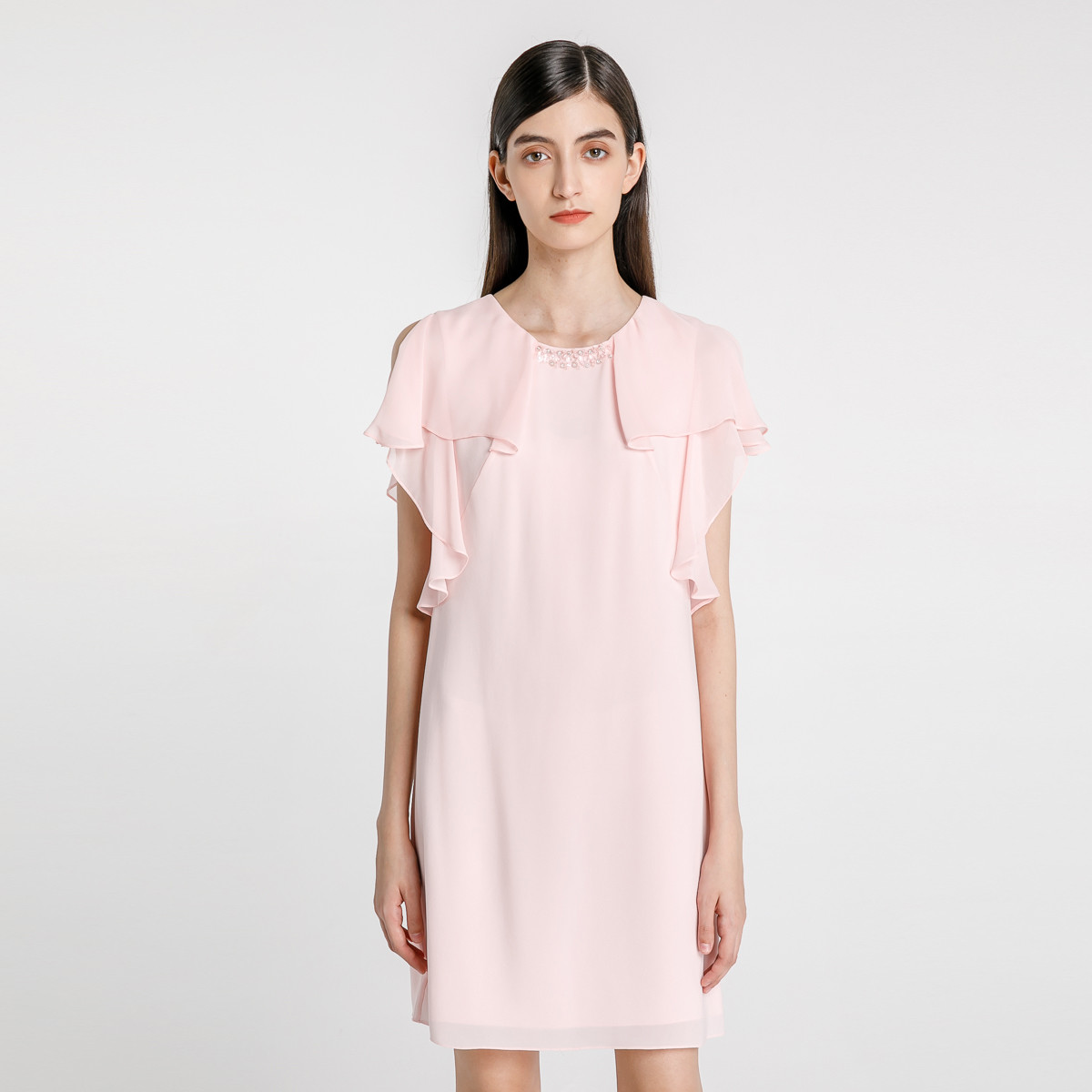 宝姿夏季女装圆领h廓形荷叶垂荡袖中长连衣裙