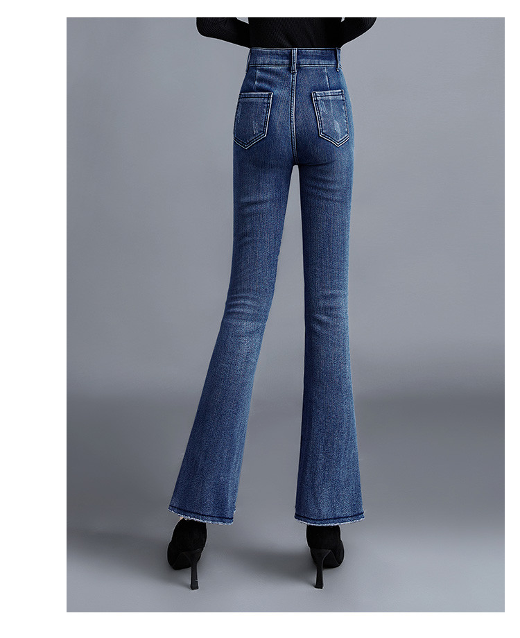 保暖加绒牛仔裤 冬装新款时尚高腰修身微喇长款休闲裤女