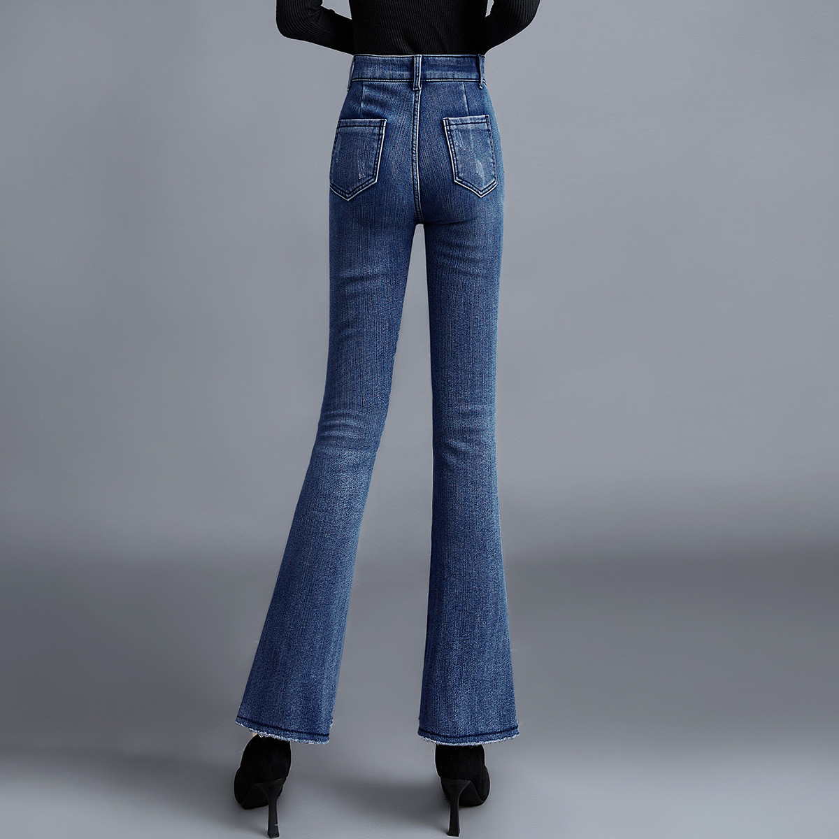 保暖加绒牛仔裤 冬装新款时尚高腰修身微喇长款休闲裤女