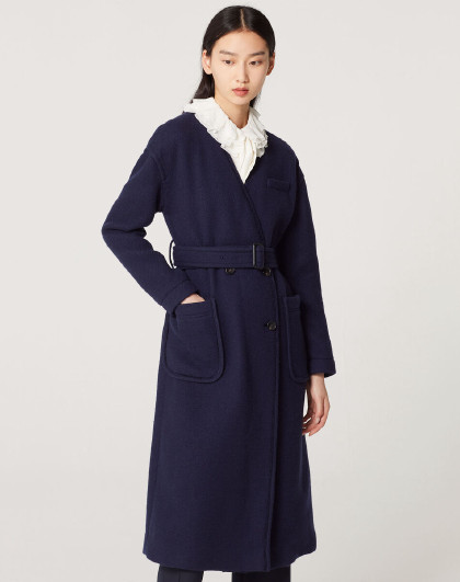 epyaying雅莹100%绵羊毛v领收腰系带长款女式大衣