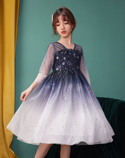女童连衣裙春季女童礼服裙星空裙渐变网纱裙淑女百搭