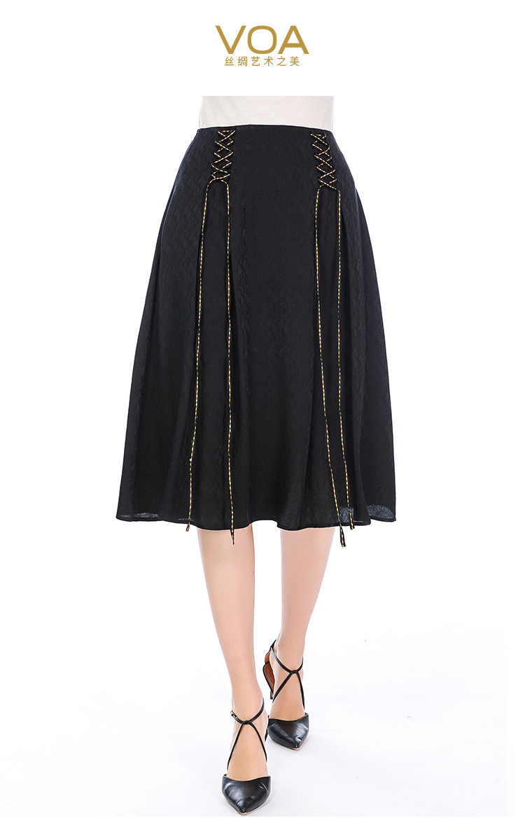 22姆米真丝提花自然腰侧边拉链抽绳黄线拱针育克褶职业半身裙