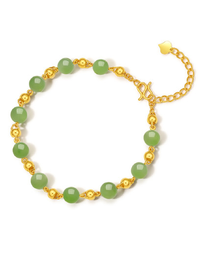 足金和田碧玉手链金镶玉手链s扣可调节玉石车花光珠链