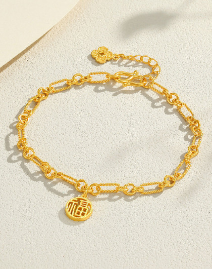 万福金安 足金手链黄金手饰福牌环扣锁链时尚国潮女