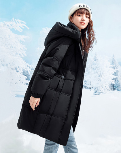 女式羽绒服中长款时尚休闲舒适版型多重防风连帽设计女士羽绒服