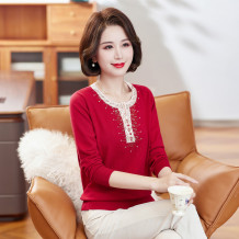 妈妈春装针织打底衫女士长袖毛衣中老年时尚宽松v领上衣