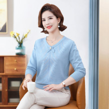 妈妈春装长袖上衣中老年人女装短款针织打底衫洋气