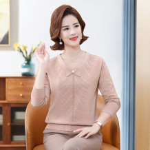 中老年人女针织小衫上衣妈妈春装洋气长袖中年圆领打底衫