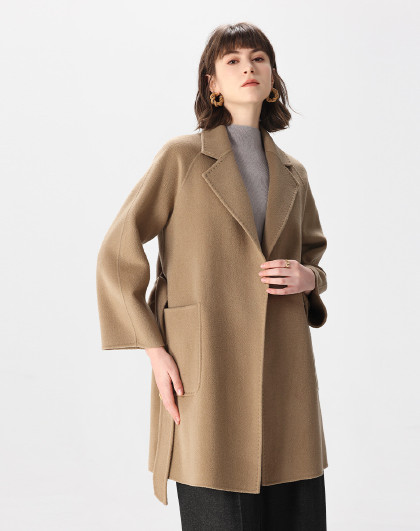 100%绵羊毛新款简约系带短款女式大衣