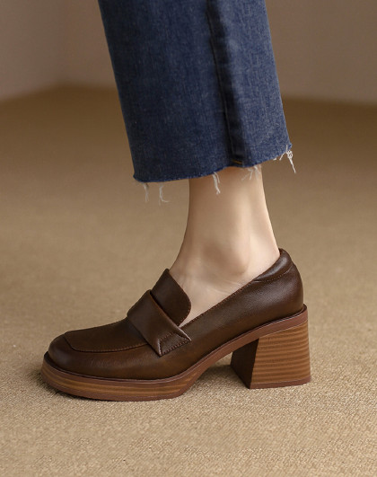 【舒适百搭】乐福鞋女士复古风深口女单鞋欧美鞋子高跟鞋女粗跟