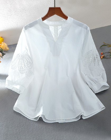 优雅时尚荷叶边圆领衬衫女2024夏季款减龄休闲通勤雪纺衫上衣