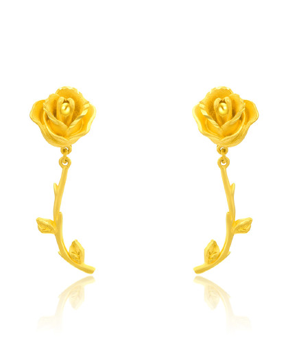 玫瑰花期浪漫玫瑰花足金黄金耳饰-f221820
