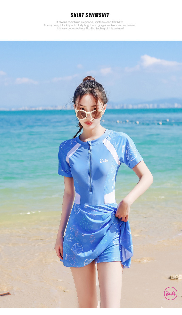 芭比 泳衣女时尚印花遮肚聚拢显瘦游泳连体运动性感沙滩游泳衣