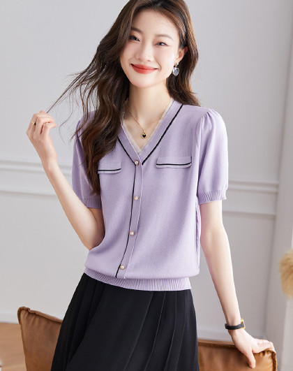 早春新品蕾丝镂空设计半开领针织开衫010gsh70-0900