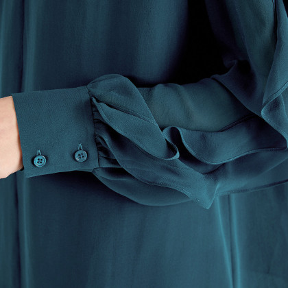 桑蚕丝乔其纱深蓝立领荷叶边长袖直筒休闲双层真丝t恤