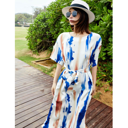 艾米尔女装夏季新款桑蚕丝气质收腰显瘦印花连衣裙