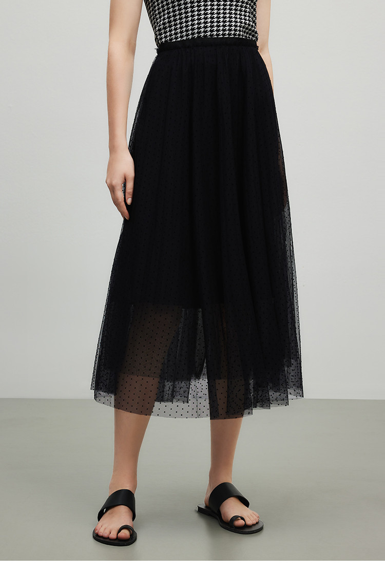透视波点网纱半身裙夏季时尚百搭遮肉a摆中长裙