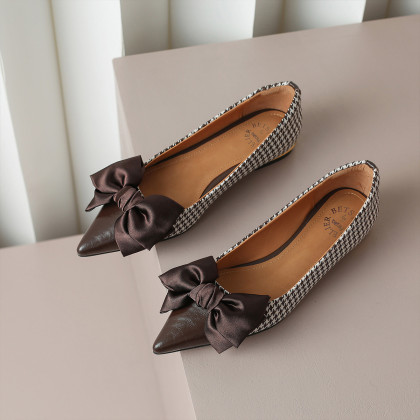 杏仁鞋单鞋女2023新款格纹浅口单鞋蝴蝶结女鞋尖头小香风单鞋