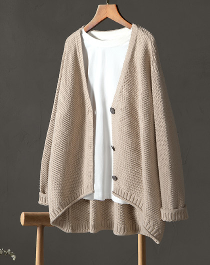 【文艺v领针织开衫】春新女士宽松显瘦慵懒前短后长上衣有大码