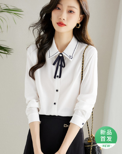 职业ol刺绣翻领衬衫女春款简约通勤长袖衬衣配领花