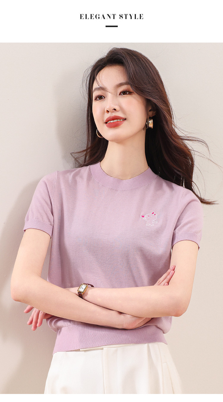 【唯品会ip联名】纯色圆领羊毛衫女短袖t恤100%羊毛针织衫