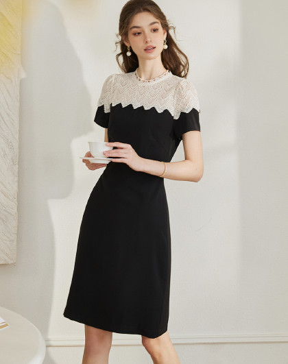 罗衣魔衣2024夏装法式拼接蕾丝黑色连衣裙女精致修身小黑裙