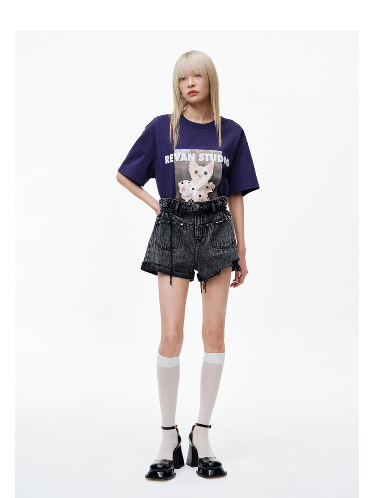 芮范设计师款趣味感猫咪深蓝色t恤女式t恤