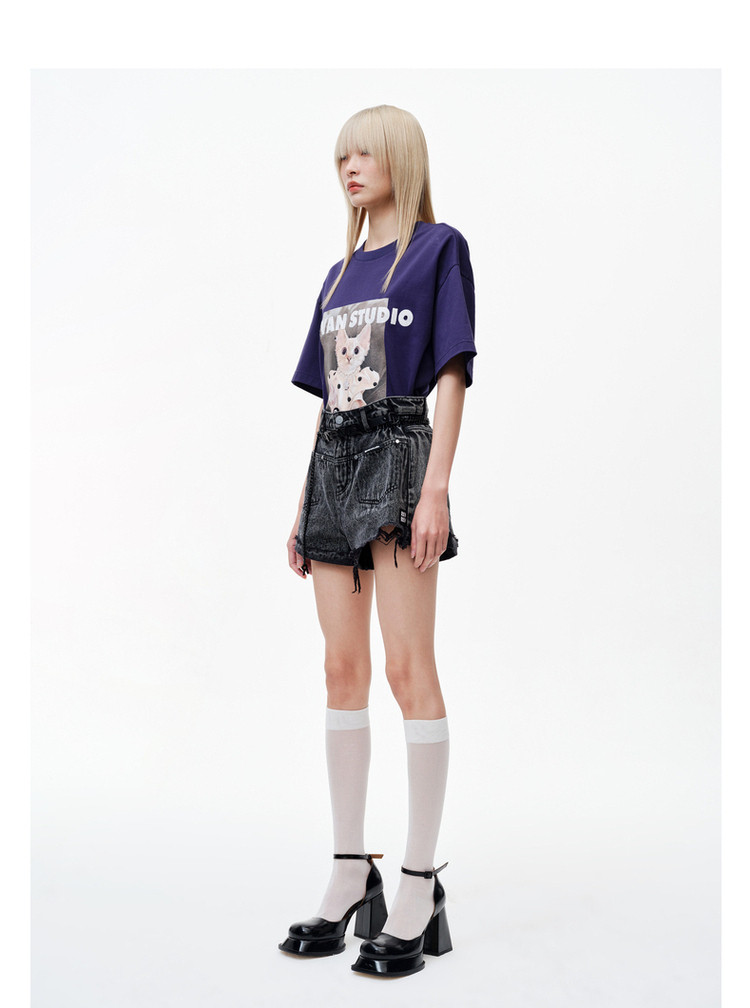 芮范设计师款趣味感猫咪深蓝色t恤女式t恤