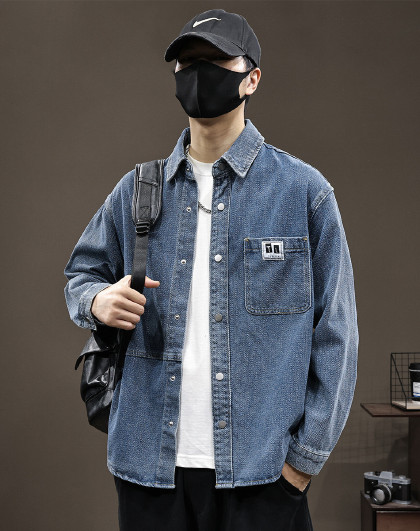 宽松百搭韩版简约男上装秋季青年纯色休闲翻领长袖开衫男式衬衫