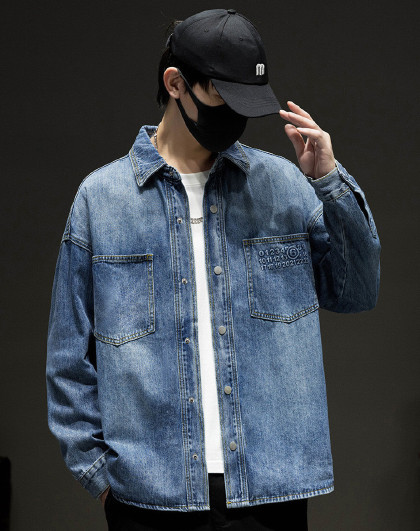 韩版百搭休闲简约纯色宽松牛仔外套秋季青年衬衫翻领长袖夹克男