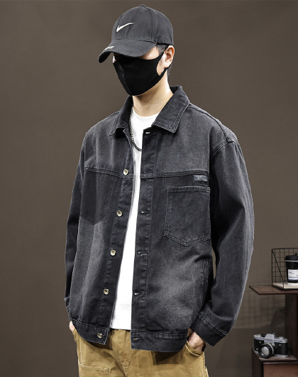 秋季宽松韩版个性口袋牛仔外套男士潮流百搭撞色衬衫翻领男式衬衫