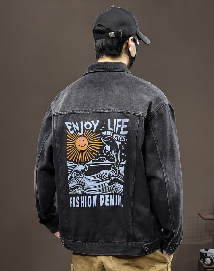 秋季牛仔外套男士宽松百搭潮流印花衬衫青年休闲韩版翻领长袖上衣