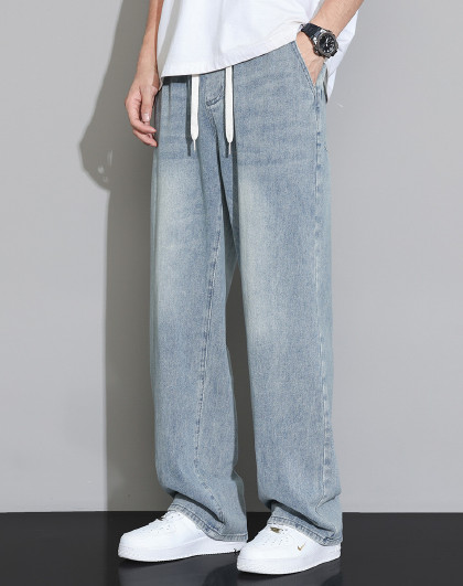 【简约】宽松韩版简约浅色牛仔裤长裤休闲百搭松紧系绳阔腿裤