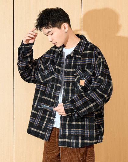 男翻领前胸双口袋长袖衬衫休闲衬衫男格子衬衫男