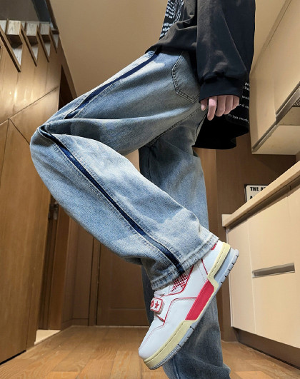 2025春款撞色拼接直筒牛仔裤潮牌男装牛仔裤男款宽松阔腿长裤