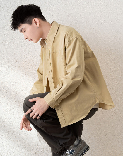 2025年春款男士衬衫长袖口袋下摆标长袖衬衫男士上衣高级感