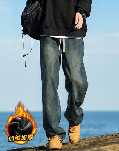 2025秋冬款男士抽绳直筒阔腿牛仔裤复古时尚休闲长裤潮流
