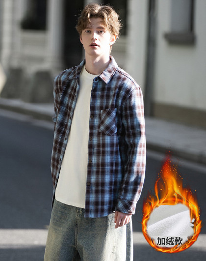 2025秋冬加绒法兰绒格纹长袖衬衫男士休闲外穿保暖衬衣男装潮