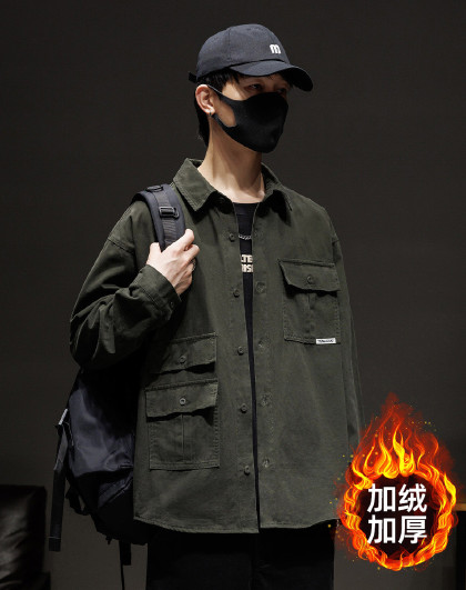 秋冬季加绒加厚牛仔外套男士青年百搭韩版宽松翻领长袖开衫衬衫男