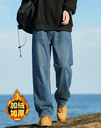2025冬季男式百搭休闲加绒牛仔裤通勤简约韩版长裤男复古水洗