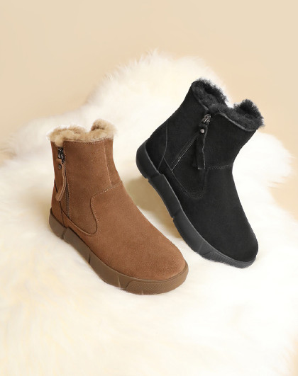 百丽新款牛剖层皮革女休闲雪地靴