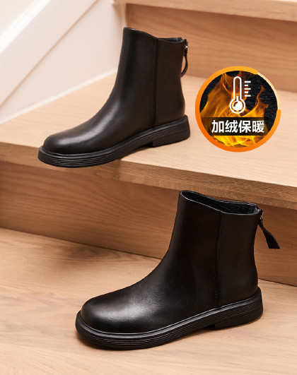 【绒里】牛皮简约钻扣保暖休闲靴英伦切尔西靴烟筒靴简约百搭短靴